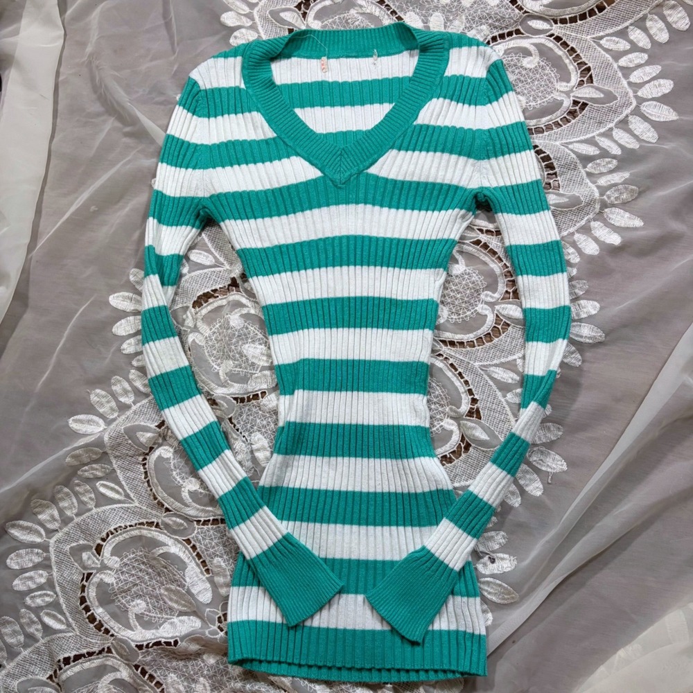 Y2K Teal Fitted Striped Ribbed V-Neck Long Sleeve Sweater Bella Swan